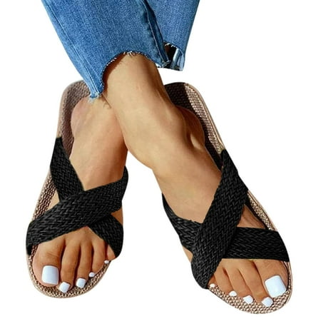 

Flat Sandals for Women Summer Comfy Open Toe Linen Sandals Slip On Shoes Outdoor Casual Travel Beach Sandals