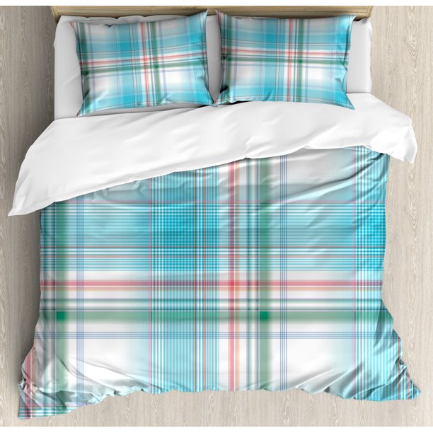 Checkered Duvet Cover Set, Pastel White Blue Checkered ...