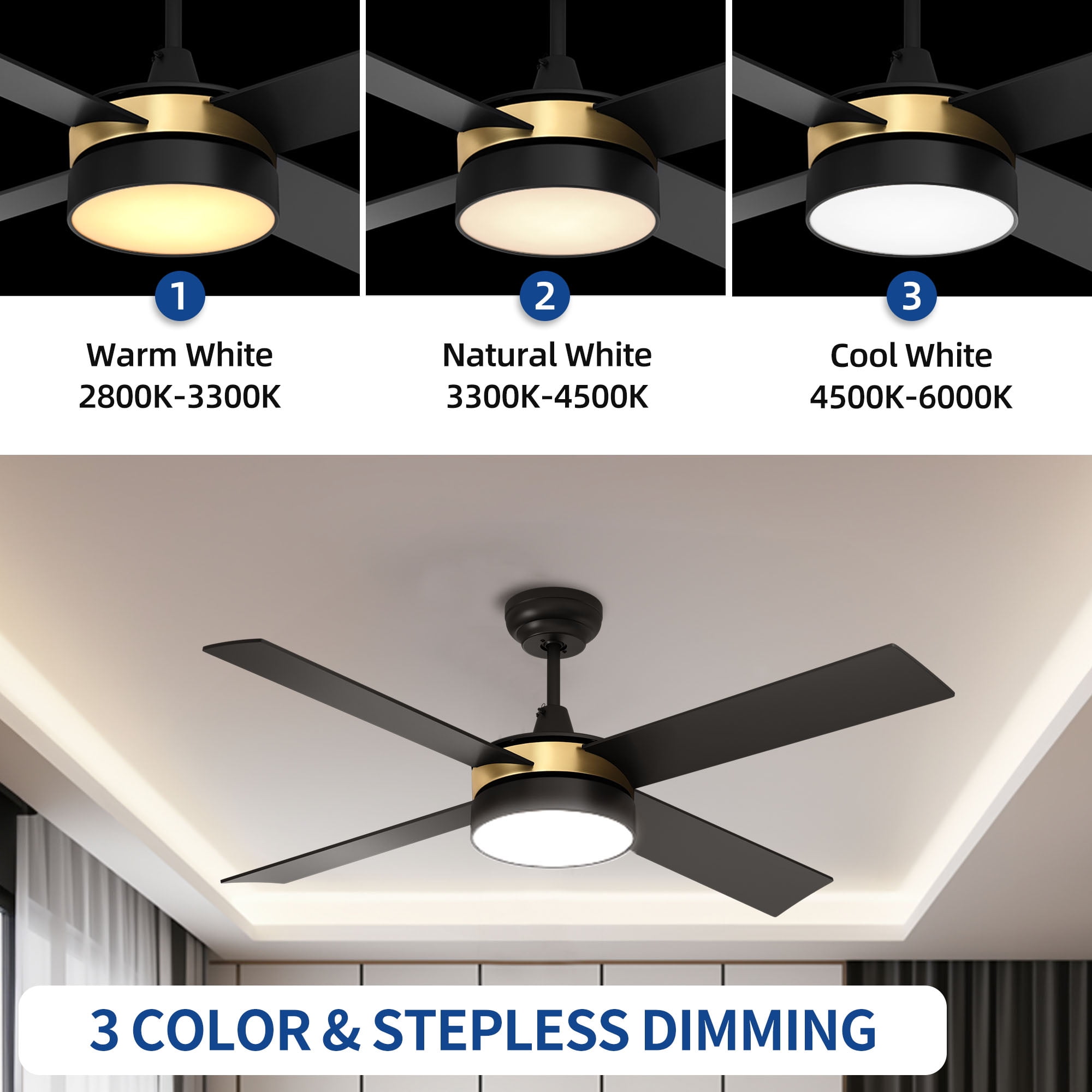 52in 4 Blades Modern Ceiling Fans with LED Light and Remote, 3 speeds and Night Light Mode - Black & Gold