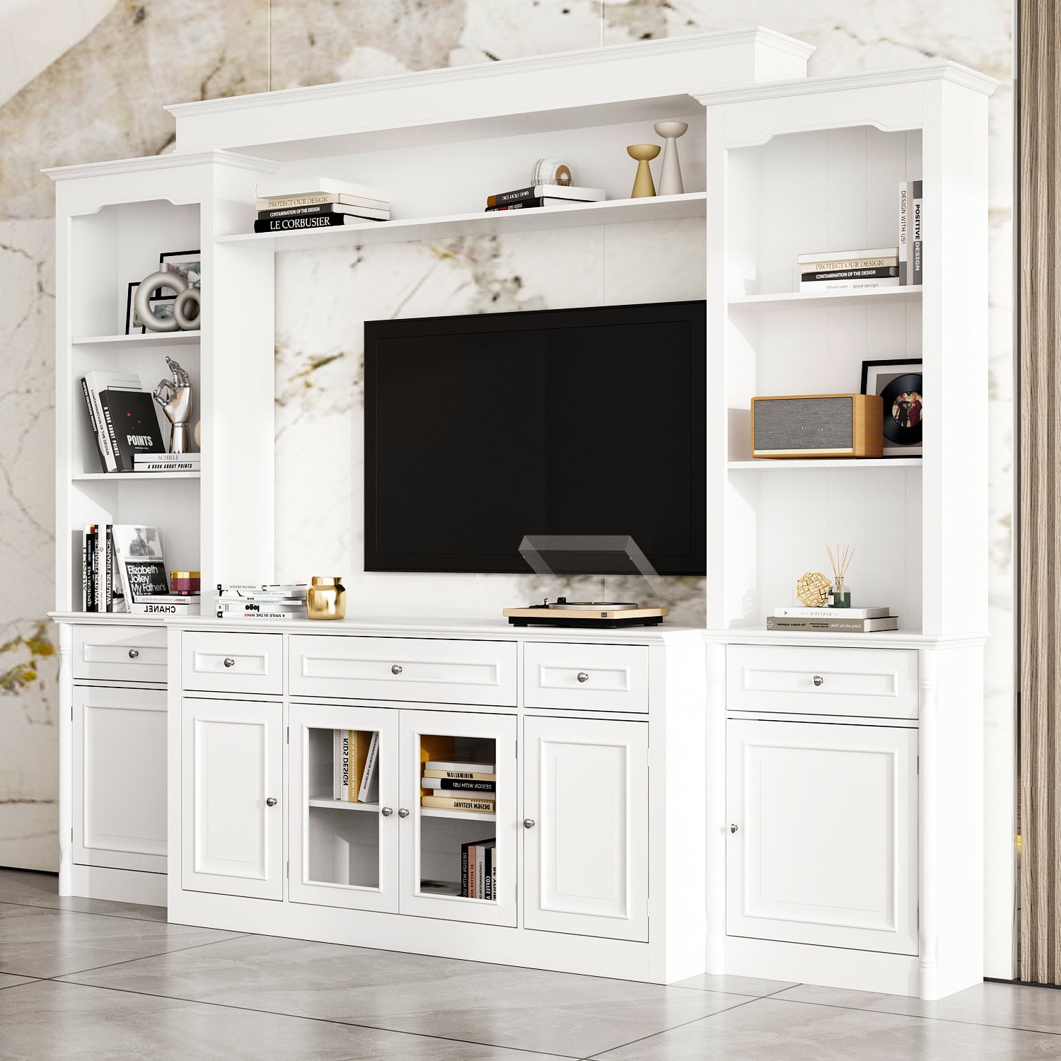 KULAGAGA  104.3"W 4-Piece Entertainment Center Wall Unit Set For TVs Up to 65", Modern TV Stand Large Media Console Cabinet with 13 Shelves, 5 Drawers & Countertop,White