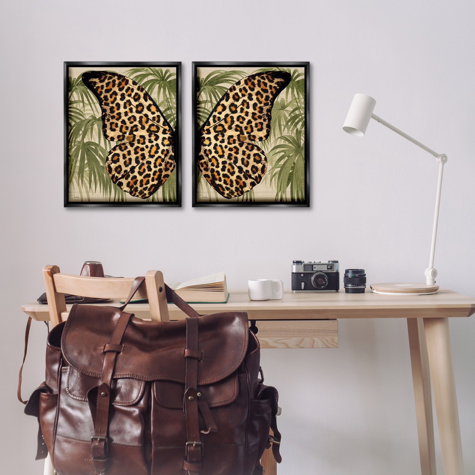 Stupell Industries Cheetah Butterfly Wings Animals & Insects Painting Black Floater Framed Canvas Art Print Wall Art, 17 x 21, Set of 2