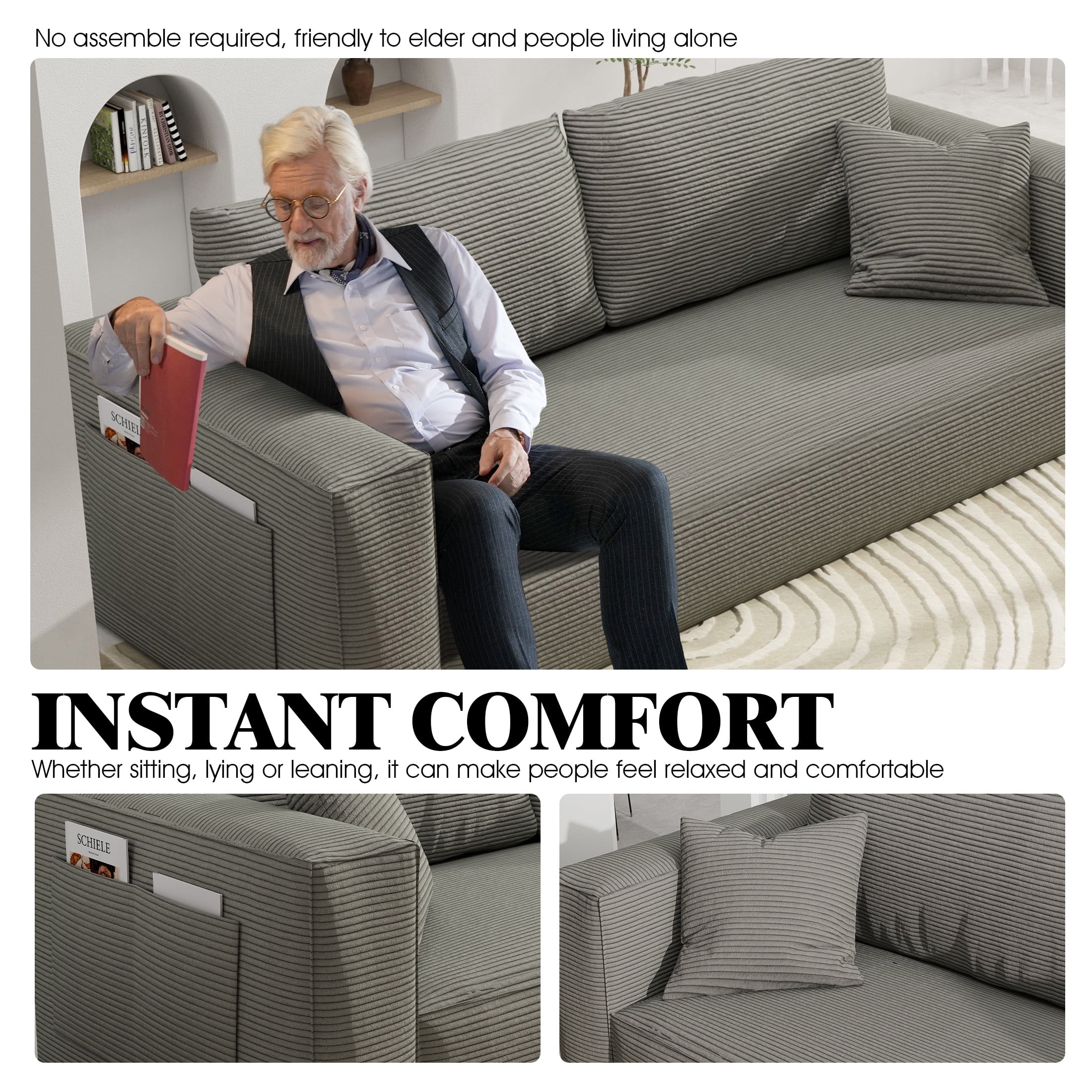 DEALTOPS 88" Loveseat Sofa, 3 Seater Pure Sponge Foam, Corduroy for Living Room, Easy Assembly，Gray