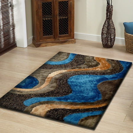 Rug Size 5'x7' Shaggy Rug In Brown and Blue with Cotton Backing. 100% Polyester with Two type of Yarns, Appx. Two Inch Pile Height Thickness (Best Type Of Rug For Kitchen)