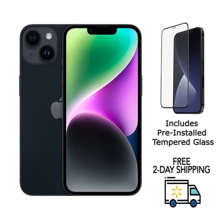 Pre-Owned Apple iPhone 14 (Fully Unlocked) 128GB Midnight (A2649) Bundle with Pre-Installed Tempered Glass