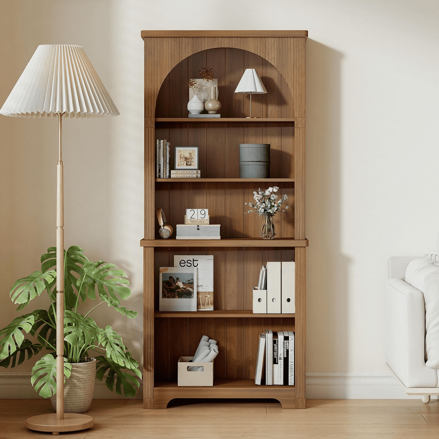 LEFHDA 71" Tall Bookshelf, 5-Tier Bookshelf, Farmhouse Arched Bookcase, Open Display Storage Shelf Adjustable Bookshelf for Home Office, Living Room(Walunt)