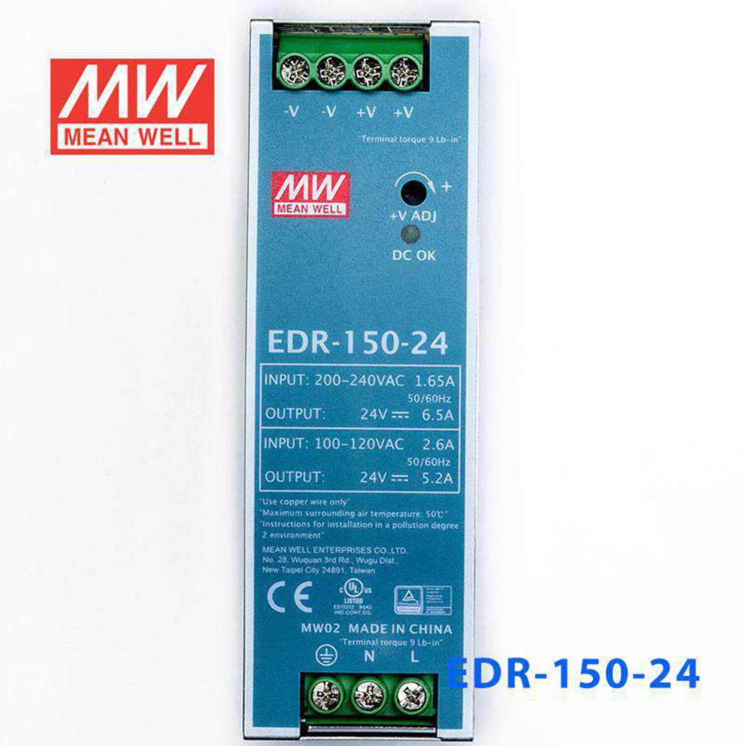Mean Well EDR-150-24 Single Output Industrial Power Supply 150W 24V - DIN Rail