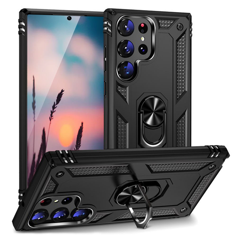 TJS for Samsung Galaxy S25 Ultra Phone Case, Impact Resistant Metal Ring Magnetic Support Kickstand Drop Protector Cover for Galaxy S25 Ultra (Black)