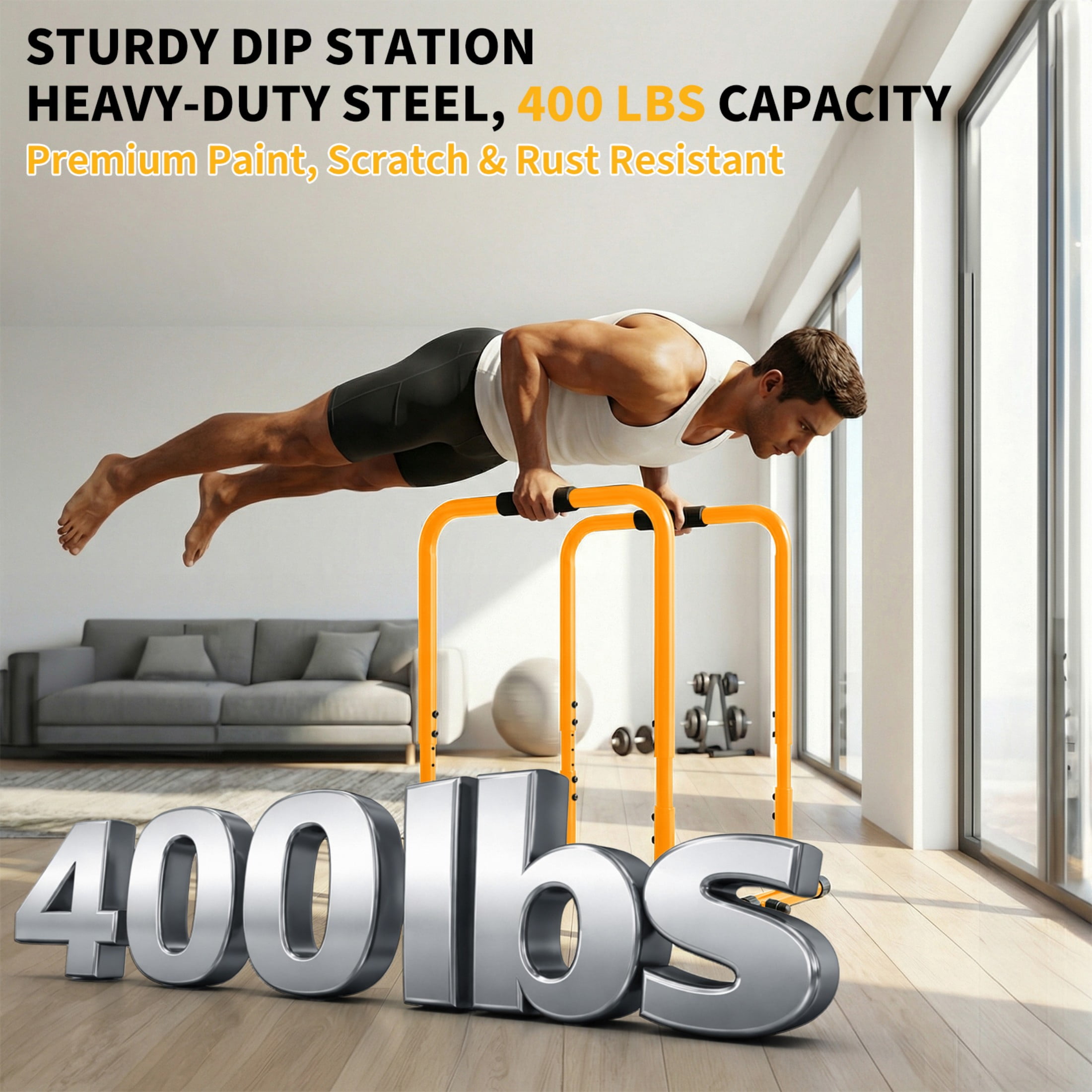 SHOUFTW Dip Stand & Doorway Pull Up Bar, Heavy Duty Adjustable Station with Foam Handles for Home/Gym/Office/Patio, Yellow