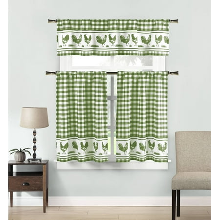 3-Piece Hellen Kitchen Curtain Set 58 in. W x 15 in. L in Sage-White