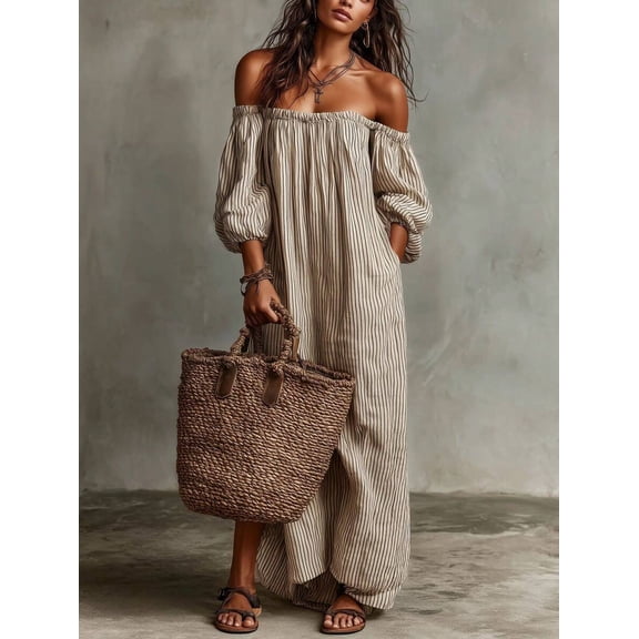 Stripe Linen-Blend Off Shoulder Maxi Dress With Puff Sleeves, Loose Boho Sundress