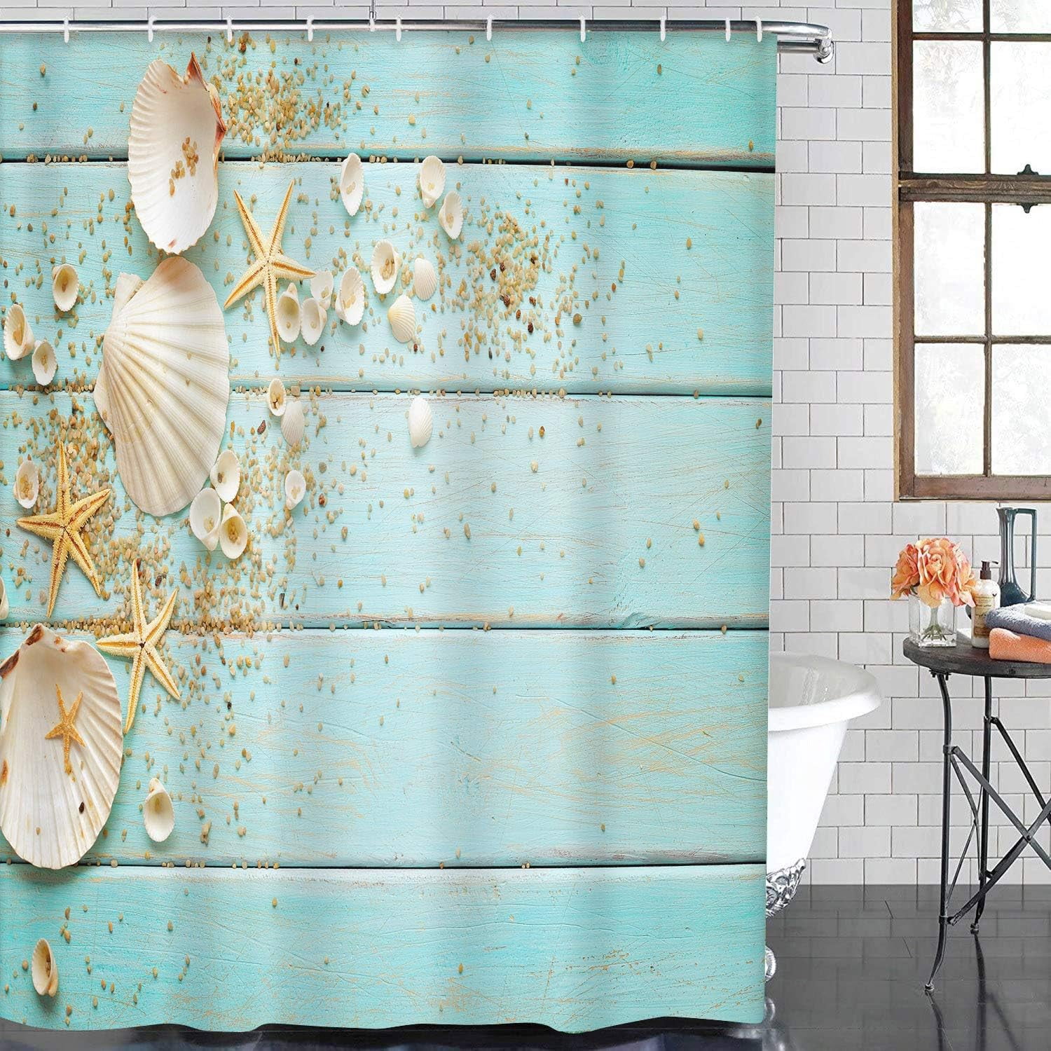4 Pcs Shower Curtain Set Starfish Seashells Wooden Nautical Sand Beach Shell Sea Blue with Non-Slip Rugs Toilet Lid Cover and Bath Mat Bathroom Decor Set 72" x 72"