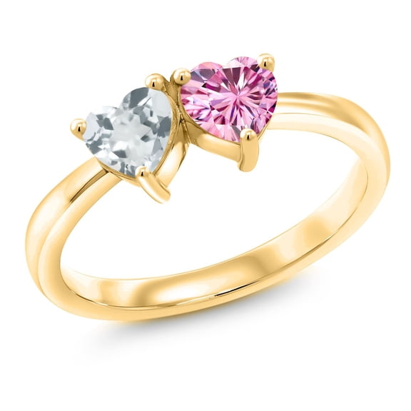 Gem Stone King 18K Yellow Gold Plated Silver Ring Heart Shape Sky Blue Aquamarine and Vivid Pink Moissanite (0.92 Cttw, Size 8)