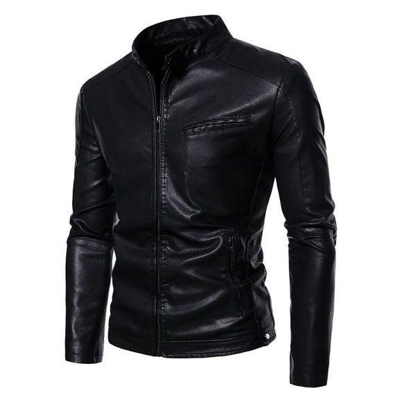 JURANMO Vestes de Motard pour Hommes Vintage en Cuir PU à Col Montant Veste Ajustée Chaude Automne Hiver Vestes de Moto Grandes Tailles Offres du Jour Noir G