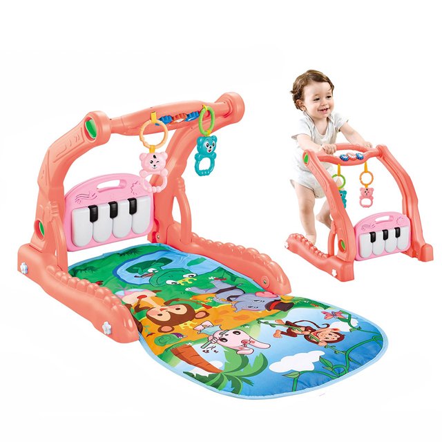 Tapete de juegos para bebés 2 en 1 y andador de empuje para niños pequeños, gimnasio de piano para patear y tocar con música LED