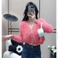 thumbnail image 2 of Suéter de mujer con cuentas japonesas, abrigo de otoño e invierno, cuello en V, suave y dulce cárdigan de punto de terciopelo de visón, top corto, 2 of 5