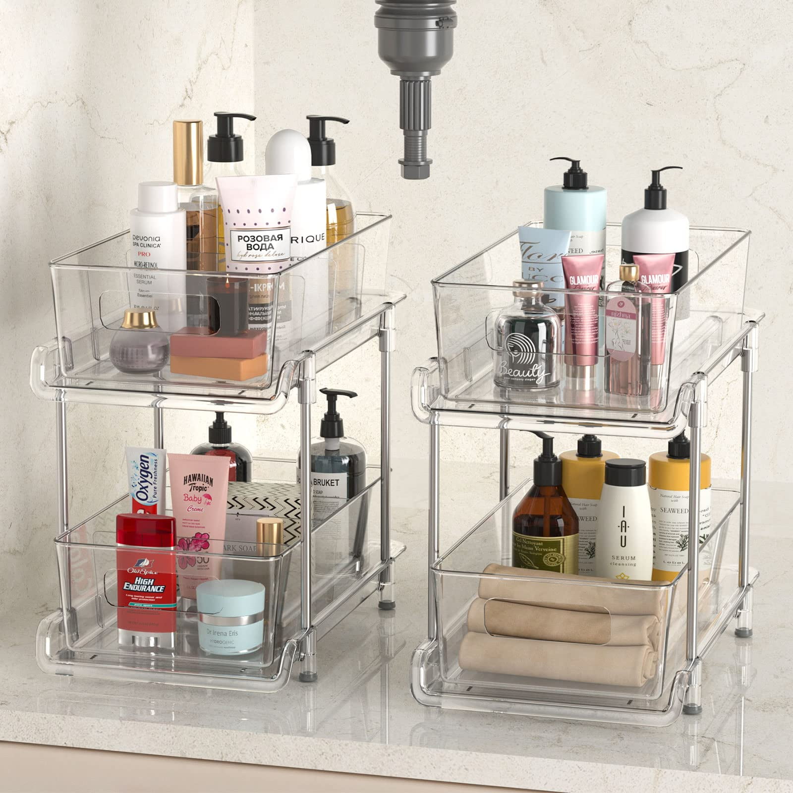 2-Tier Bathroom Organizer with Dividers, Clear Under Sink and Pull-Out Cabinet Storage for Kitchen and Pantry Organization
