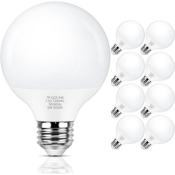 G25 LED Globe Light Bulb 60W Equivalent, Daylight White 5000K E26 Vanity Light Bulbs for Bathroom Makeup Mirror, Round Bulb Non-Dimmable 8-Pack