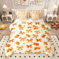 Homewish Autumn Maple Leaf Bedding Comforter Set 7pcs for Kids, Cartoon Orange Buffalo Bowknot King Bedding Sets, Plant Botanical Reversible Bed Sheets, Microfiber Bedroom Decor
