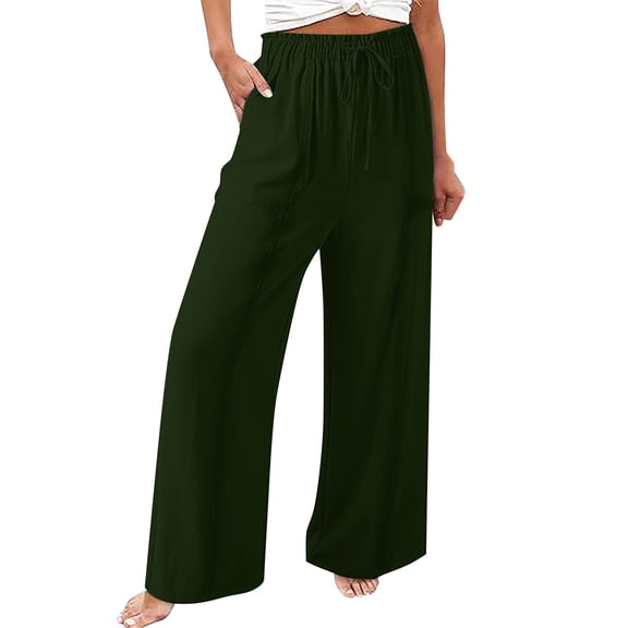 IDALL Linen Pants Women Wide Leg Pants Woman Women Fashion Solid Color Cotton Elastic Long Pants Beach Leisure Trousers Lounge Pants Women Baggy Pants Army Green L
