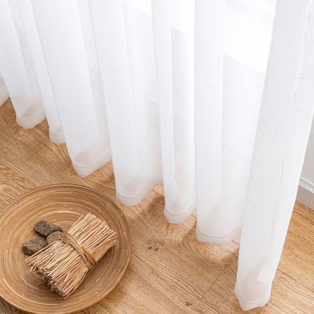 White Sheer Curtains 102 Inch Long 2 Panels, Thin Textured Linen Look Ceiling Curtains & Drapes for Living Room, Rustic See Through Window Treatments, Pinch Pleat Sliding Glass Door Curtain