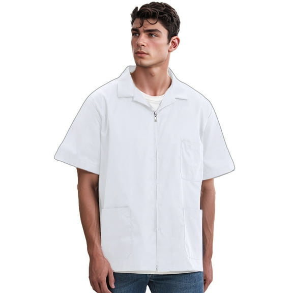 TOPTIE Unisex Essentials Relaxed Fit Zippered Short Sleeved Jacket Utility Workwear-White-XL
