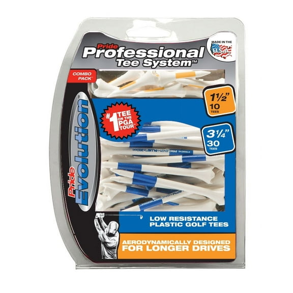 Pride Performance Plastic Golf Tees Combo Pack – 30 count 3.25" 10 count 1.5", Low-Resistance Heads, Durable & Precise