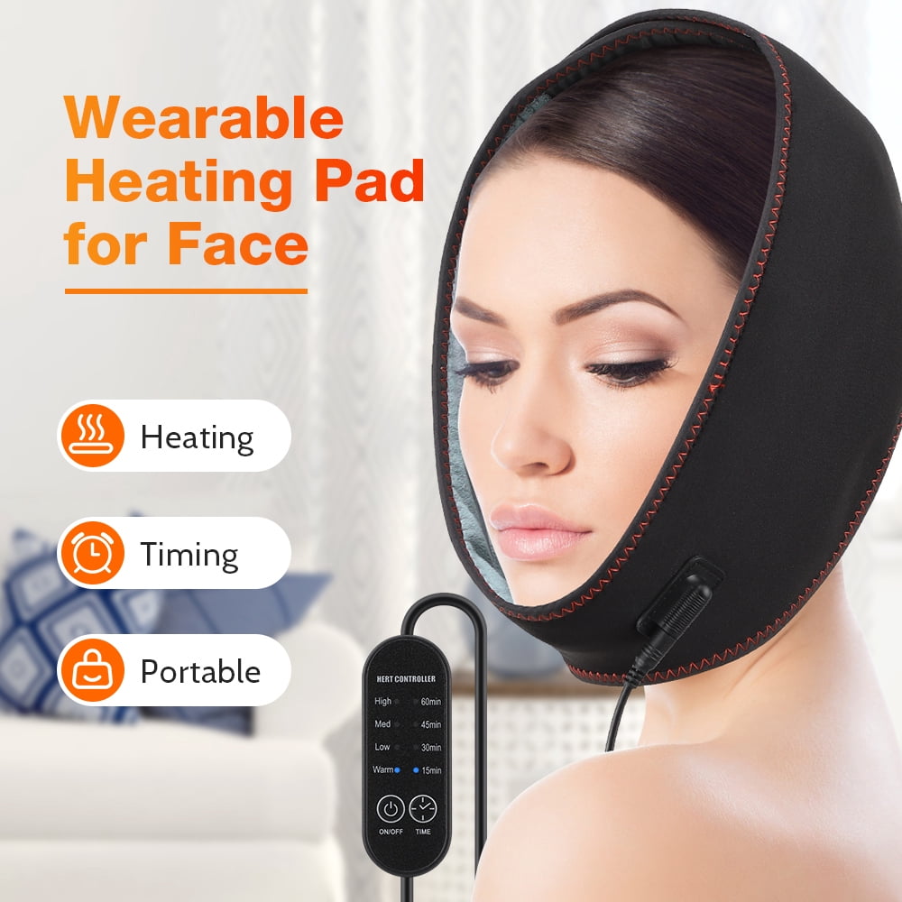 Face Heating Pad, Wearable Electric Heating Bandage, Heated Face Mask, Reusable V Line Mask, 4-gear Heating and 4 Timing Settings and Auto Off, Machine Washable for Face Jaw Chin, Black