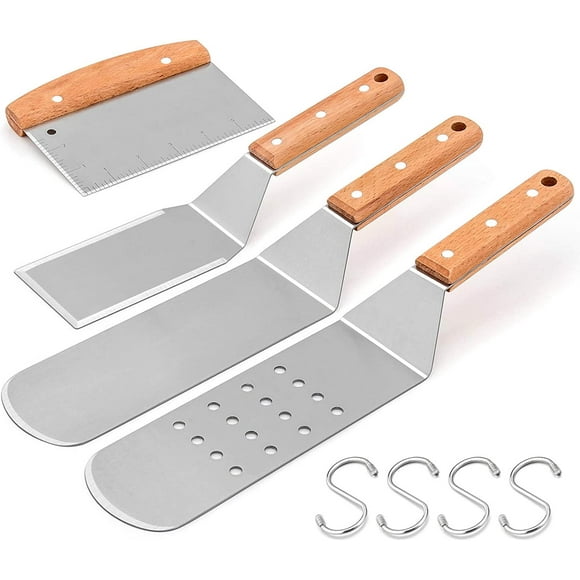SHIBA-Metal Spatula Set of 4, Stainless Steel Griddle Spatula Tools Set with Wooden Riveted Handle, Professional Griddle Accessories Kit for Teppanyaki BBQ Flat Top Hibachi Cooking Grilling