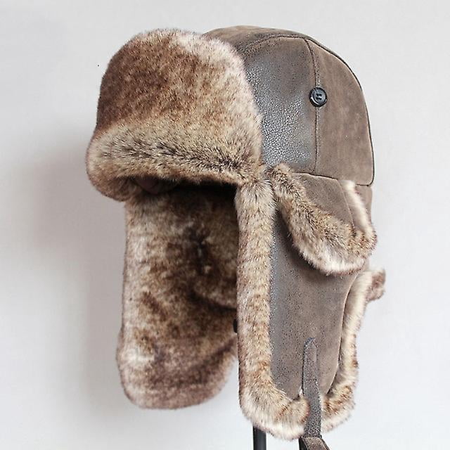 Bomber Hats Winter Men Warm Russian Ushanka Hat With Ear Flap Pu Leather Fur Trapper Cap Earflap Afortunado Sencillez