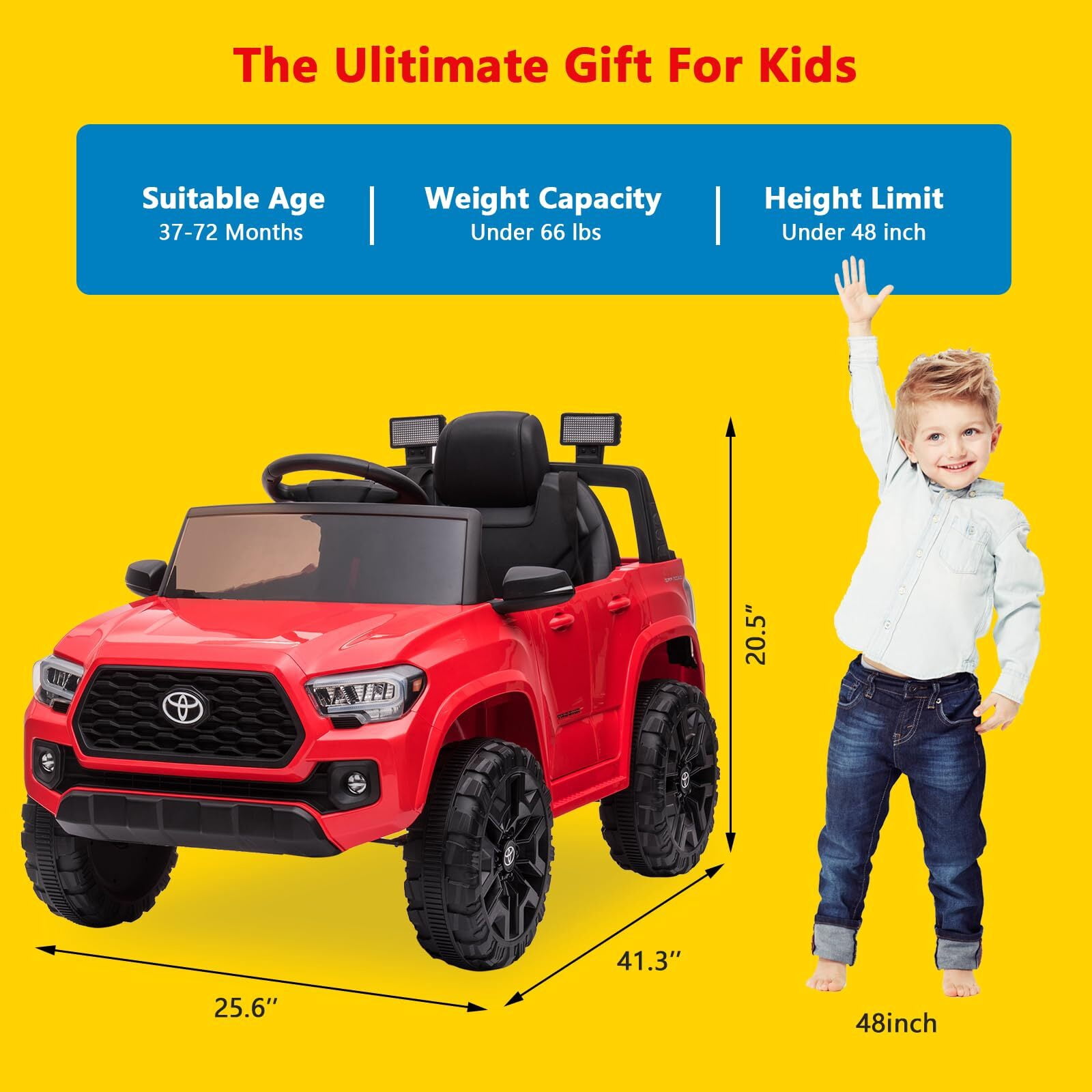 Sakiyr Licensed Toyota Tacoma 12V Kids Ride On Car, Kids Electric Vehicles with Parent Remote Control Spring Suspension Safety Belt, Soft Start, Led Headlight, Age for 37-72 Months