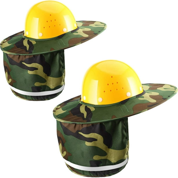 2 Pieces Helmet Sun Shade Hard Hat Sun Neck Shield with Full Brim,  Reflective Stripe, Adhesive Hook for Safety Helmet (Camouflage) 