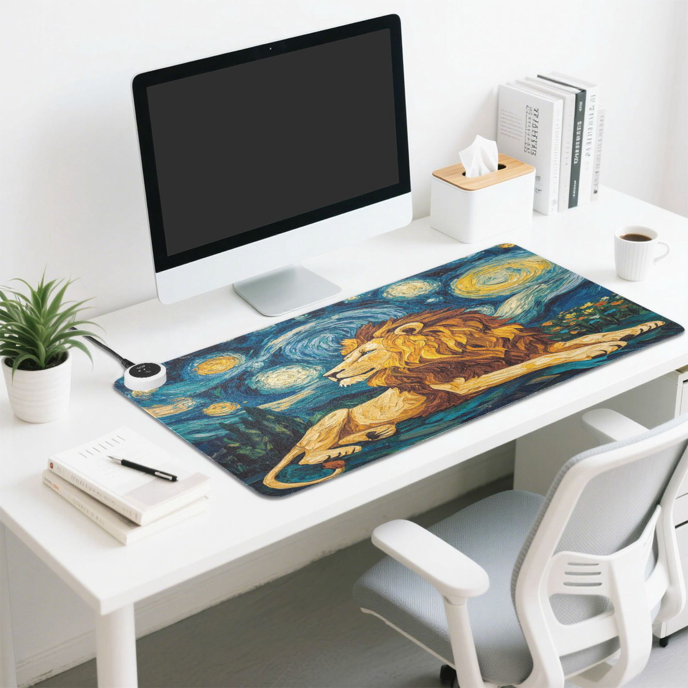 Wobogo Golden Lion King Heated Mouse Pad Extra-Large Desk Mat With 3 Heating Levels and 3-hour Auto Shut-Off Protection Ideal for Computer Keyboards Home Office Hand-warming Essential 31.5in × 13in