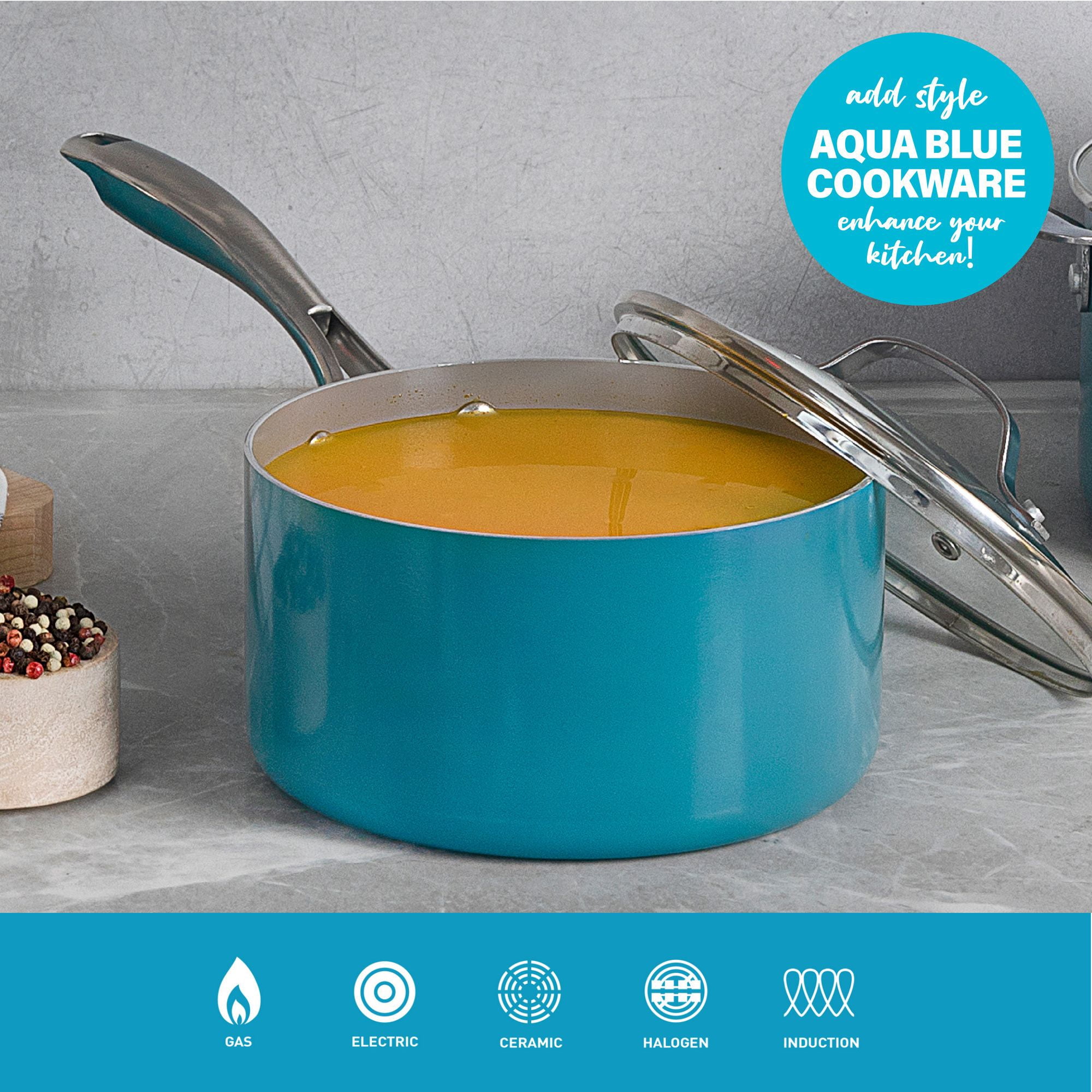 Gotham Steel 3 Quart Nonstick Stock Pot with Tempered Glass Lid, Aqua Blue