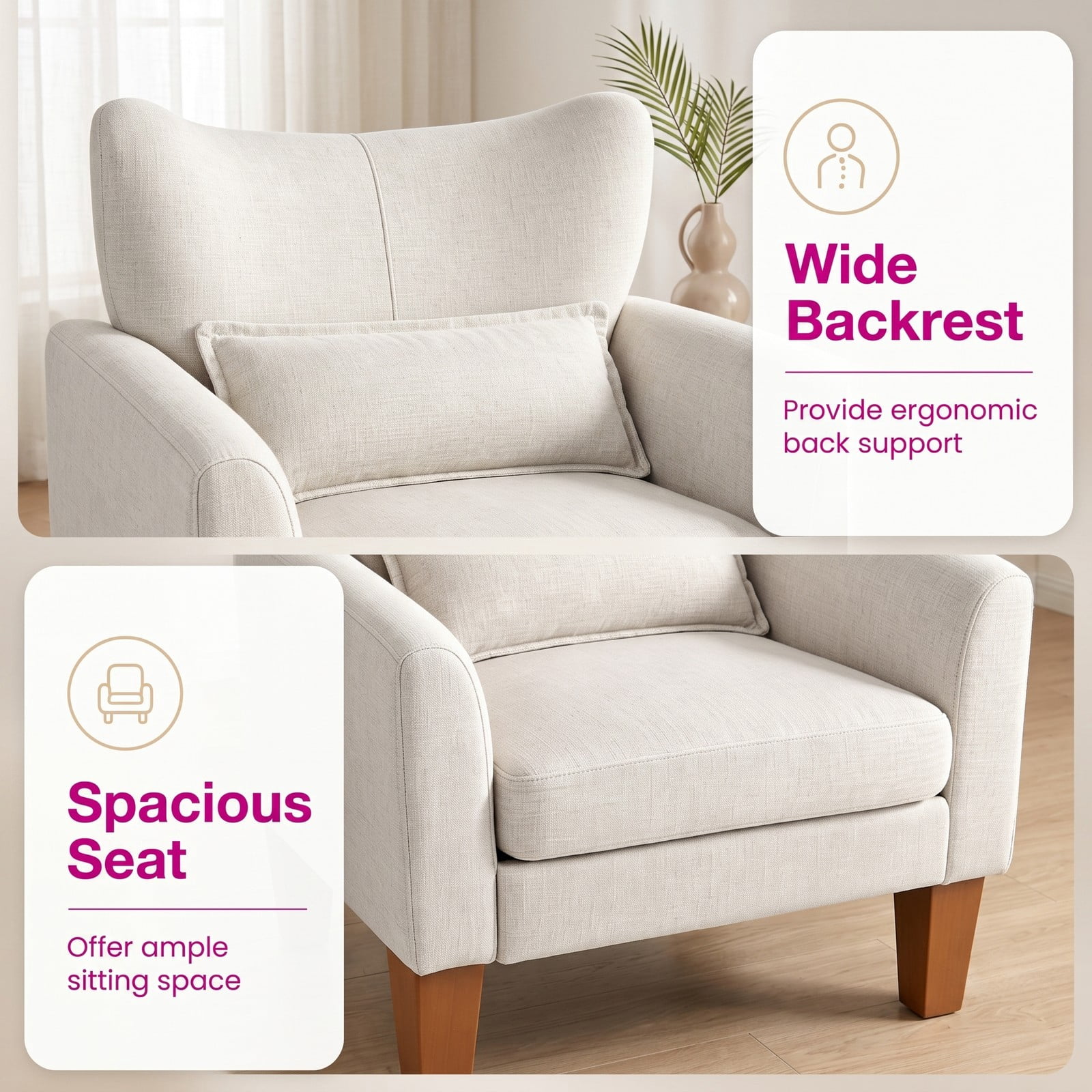 Furnibear Modern Accent Chair with Removable Seat Cushion and Lumbar Pillow, Faux Linen Upholstered Armchair for Living Room Bedroom Office Reading Nook, 350, Beige