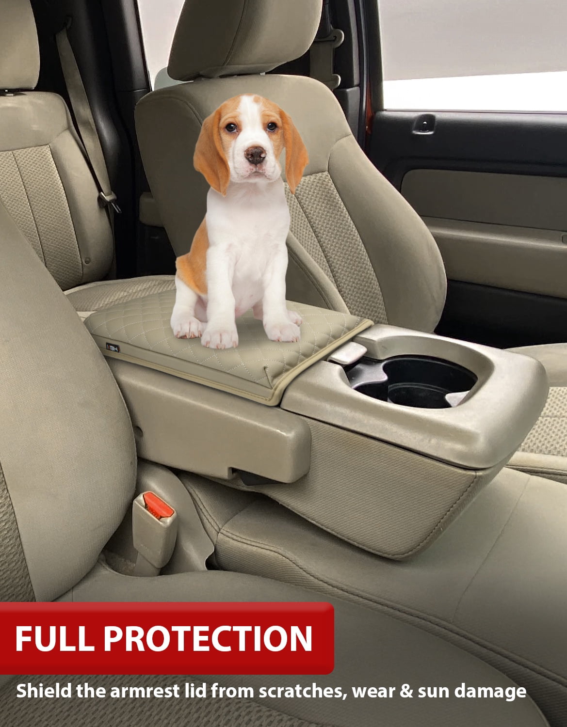 KBH Truck Center Console Cover for 2004-2010 Ford F150 with 40/20/40 Split Bench Jump Seat, Leather Middle Console Armrest Cover Cushion Pad for F150 Accessories Interior, Beige