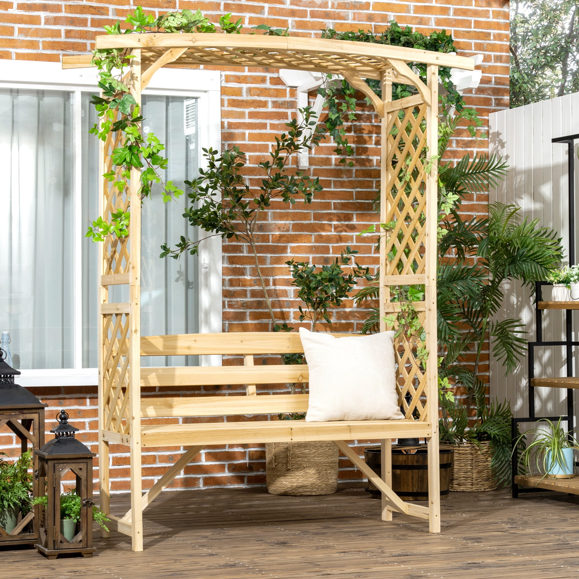 Patio Garden Bench Arbor Arch with Pergola and 2 Trellises, 3 Seat Natural Wooden Outdoor Bench for Grape Vines & Climbing Plants, Backyard Decor, Natural