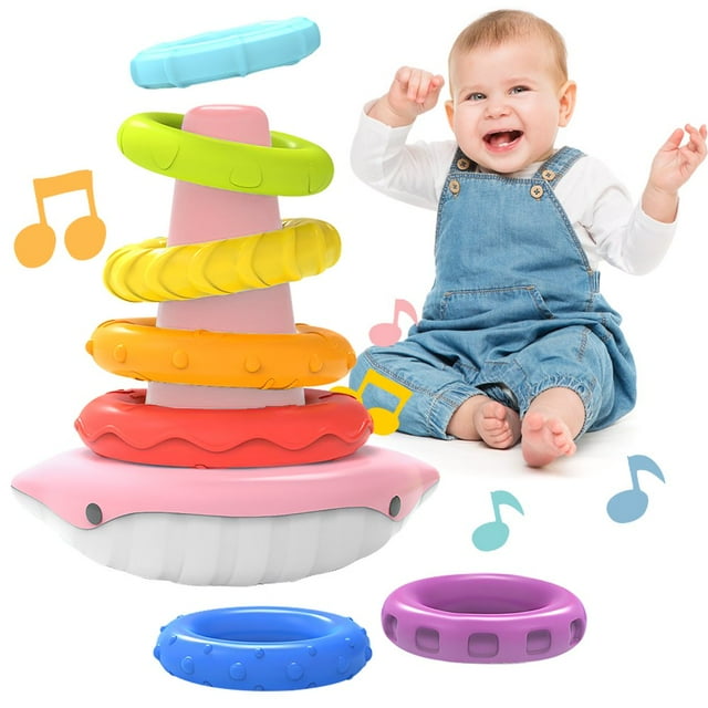 OUSITAID Stacking Toy Montessori Toddler Sensory Stacking Toys with Sounds Numbers Textured Rings Fine Motor Skills Toys Reusable Whale Stacking Rings Toy for Baby Over 6 Months