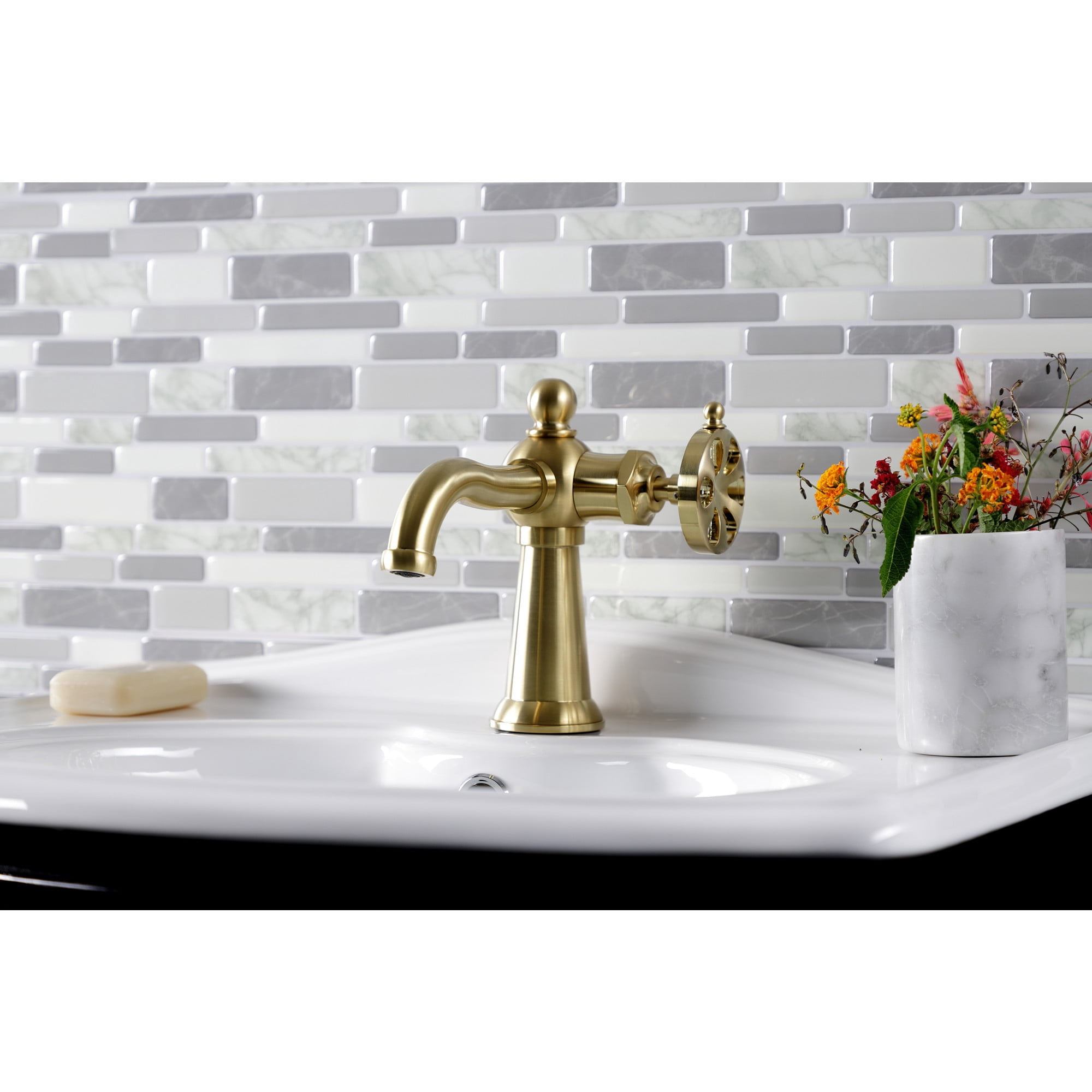 Kingston Brass KS3547RX Belknap One-Handle Single-Hole Bathroom Faucet with Push Pop-Up Drain, Brushed Brass
