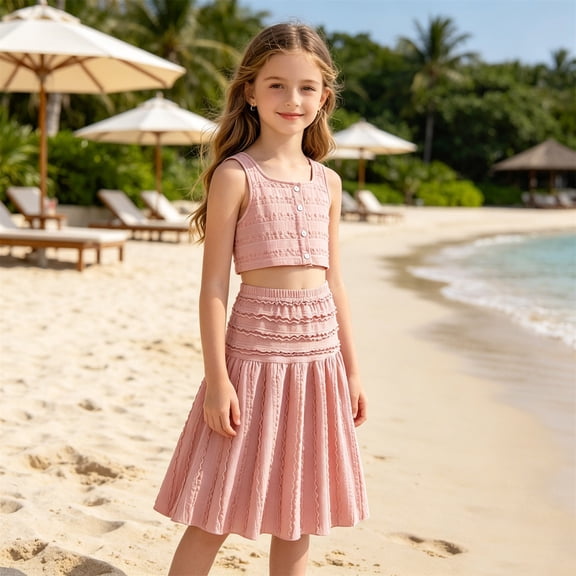 MEZZALL Child Girls Summer Outfit Sets Solid Color Sleeveless Crop Tops High Waist Ruffle Skirt For Toddler Kids Cozy Clothes Sets