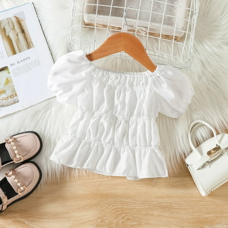 

NECHOLOGY Toddler Kids Baby Girls Short Puff Sleeve Ruffle T Shirt Tops Denim Skirts 2PCS Princess Little Girl Fashion Outfits Childrenscostume White 5-6 Years