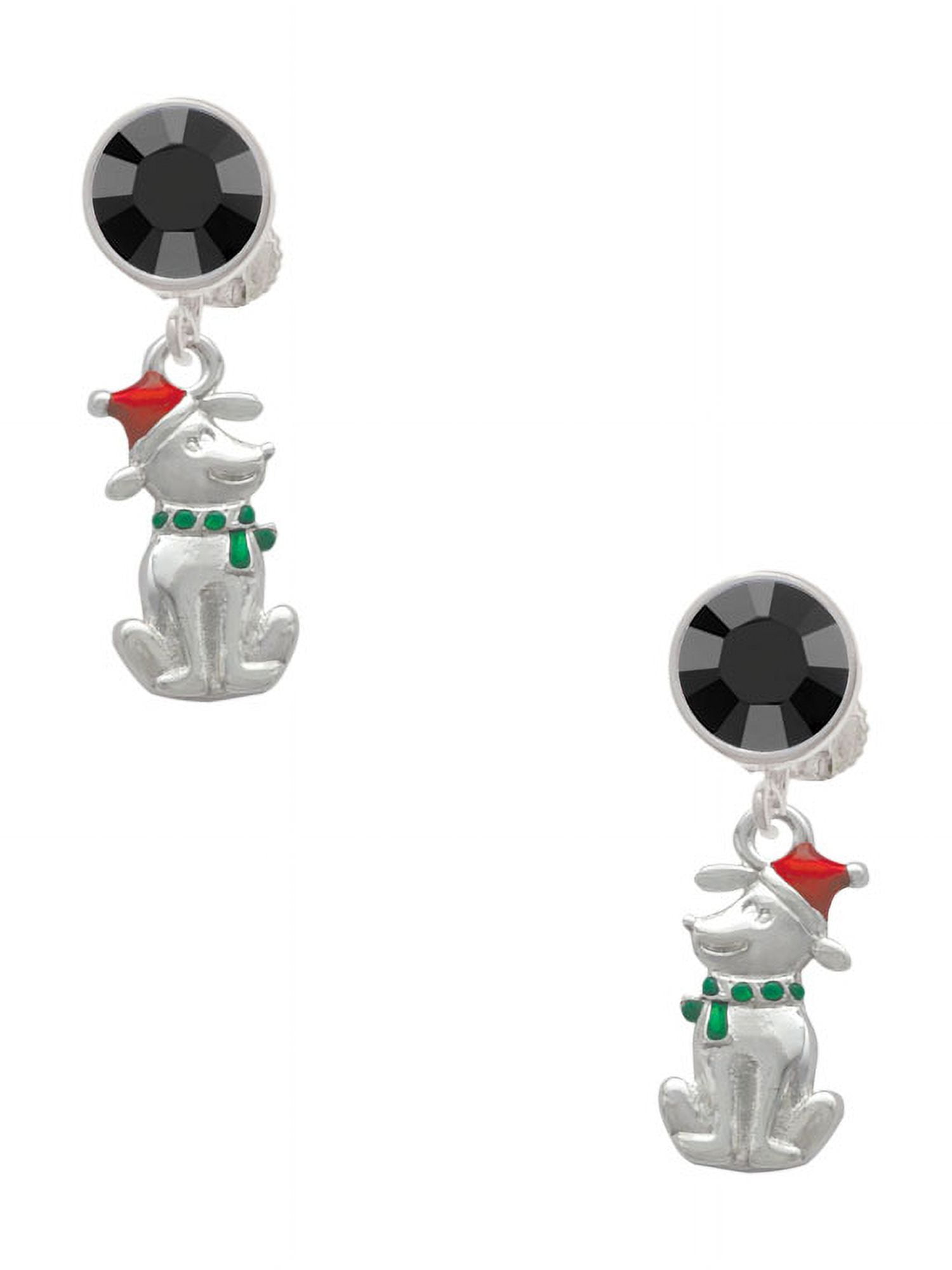 Delight Jewelry Silvertone 2-D Christmas Dog with Red Hat Black Crystal Clip on Earrings