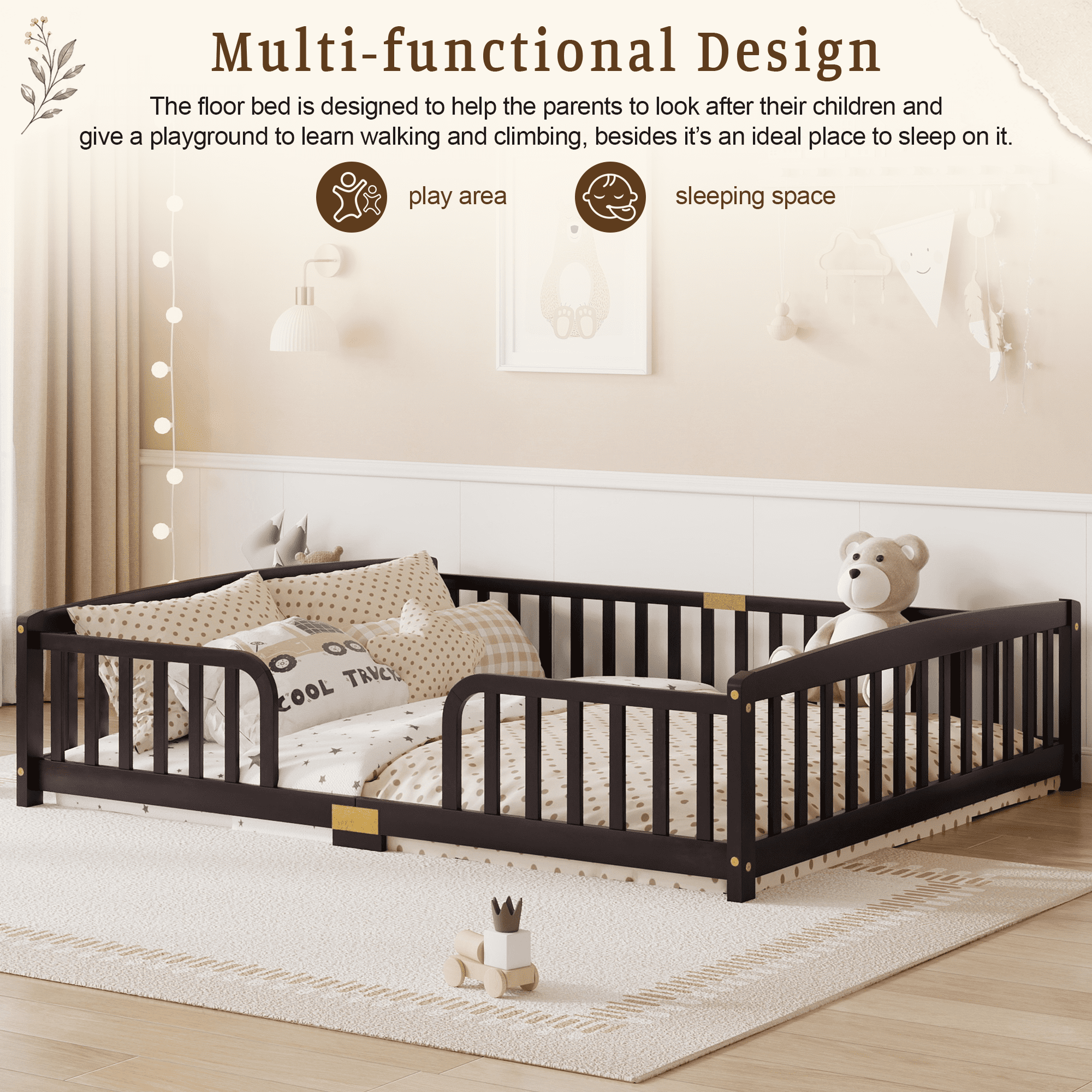 Leumius Queen Size Floor Fence Bed with Central Entrance,Pine Wood Floor bed with Guardrails,Espresso
