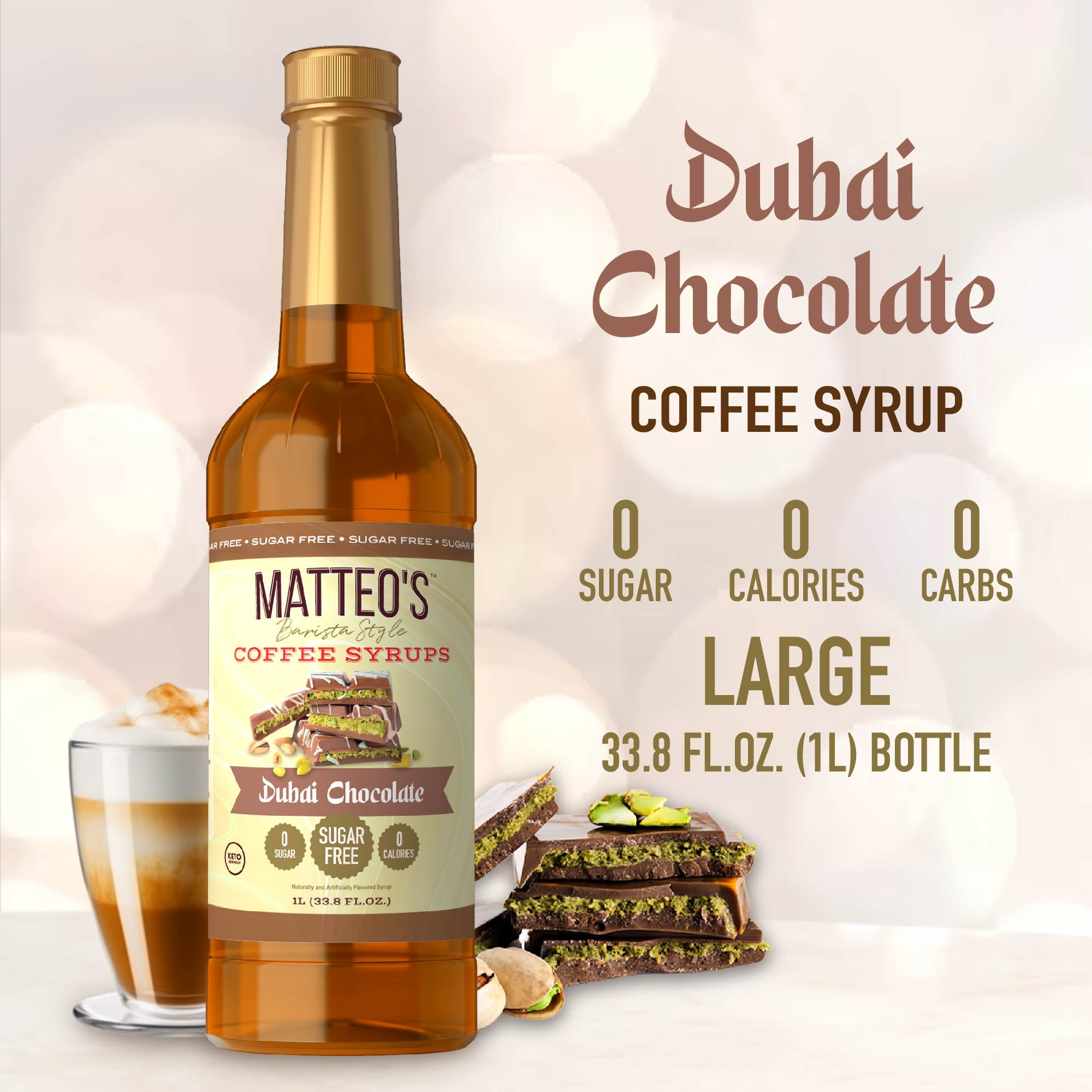 Matteo's Barista Style Sugar-Free Dubai Chocolate Coffee Syrup, 6-Pack, 33.8 Oz