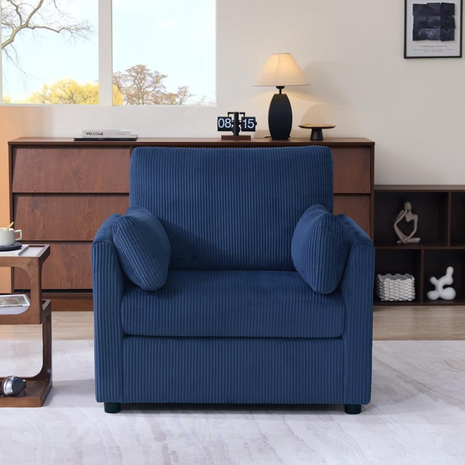 37.75" Corduroy Accent Chair, Modern Upholstered Armchair with Side Storage Pockets & 2 Pillows, Comfy Oversized Single Sofa for Living Room, Blue