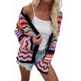 thumbnail image 2 of Women'S Multicolored Striped Crochet Knit Cardigan Crew Neck Flared Sleeve Button Y2K Sweater Coat Black S, 2 of 10