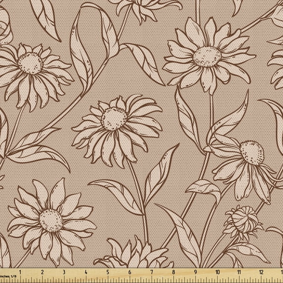 Coneflower Fabric by the Yard, Outline Drawings of Flower Silhouettes Repeated in Earthy Colors, Decorative Upholstery Fabric for Sofas and Home Accents, 5 Yards, Dark Rosewood and Tan by Ambesonne