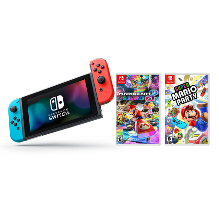 Nintendo Switch Mario Party Bundle: Super Mario Party, Mario Kart 8 Deluxe and Nintendo Switch 32GB Console with Neon Red and Blue Joy-Con