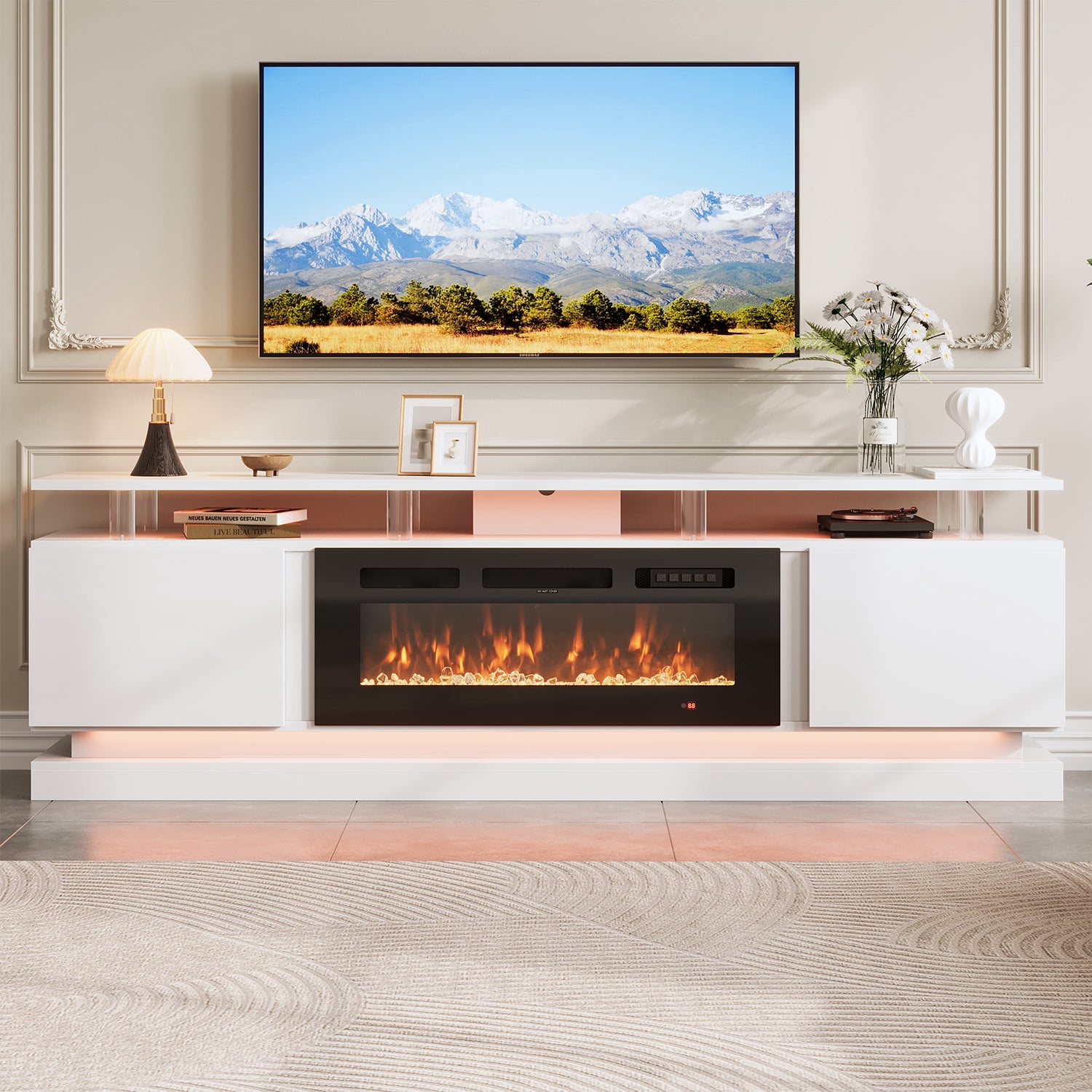 BaPiPro 80" Fireplace TV Stand with Storage, Modern Entertainment Center for TVs Up to 90", White TV Console with 36" Electric Fireplace & LED Lights, White