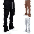 thumbnail image 4 of Men Casual Drawstring Waist Joggers Sweatpants Solid Color Flared Pile Up Stacked Cargo Pants Trouser with Multi Pockets, 4 of 18