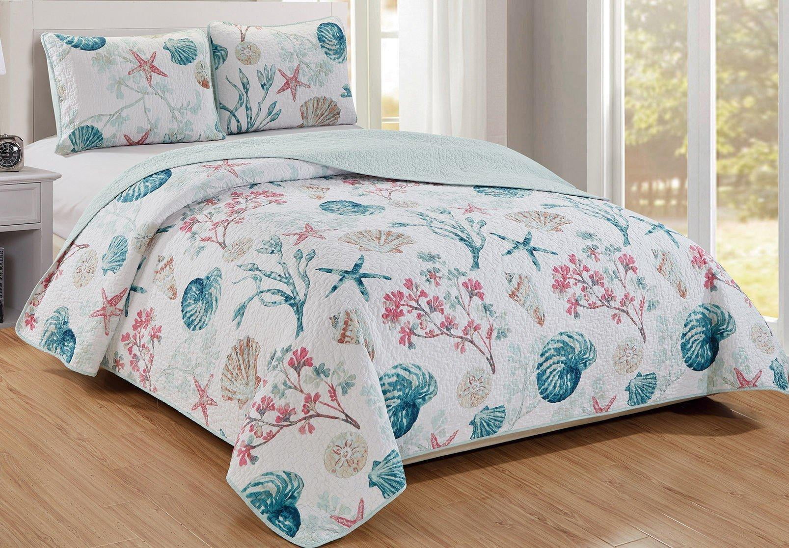Panama Jack Sea Shore Sea Shells Quilt Set King White/blue/pink/beige